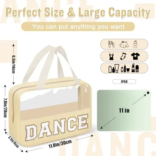 Dance Bag for Girls Chenille Letter Clear Makeup DANCE Stuff Bag,Toddler Dance Recital Gifts Ballet Cosmetic Zipper Pouch with Handle,Dance Competition Accessories Toiletry Storage Bag(DANCE-Beige) - 2
