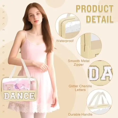 Dance Bag for Girls Chenille Letter Clear Makeup DANCE Stuff Bag,Toddler Dance Recital Gifts Ballet Cosmetic Zipper Pouch with Handle,Dance Competition Accessories Toiletry Storage Bag(DANCE-Beige) - 3