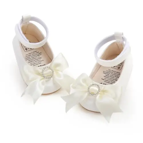 Bellocasa Baby Mary Jane Flats for Girls with Bowknot Cotton Anti Skid Sole Infant First Walker Princess Dress Crib Wedding Shoes - BELLOCASA