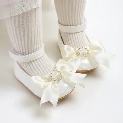 Bellocasa Baby Mary Jane Flats for Girls with Bowknot Cotton Anti Skid Sole Infant First Walker Princess Dress Crib Wedding Shoes - BELLOCASA (1)