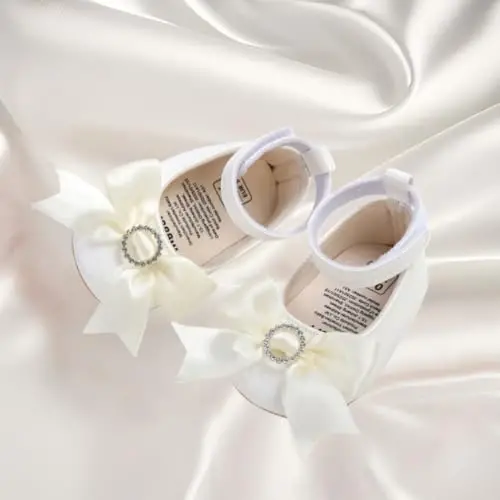 Bellocasa Baby Mary Jane Flats for Girls with Bowknot Cotton Anti Skid Sole Infant First Walker Princess Dress Crib Wedding Shoes - 4