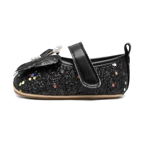 Bellocasa Baby Mary Jane Flats for Girls with Bowknot Cotton Anti Skid Sole Infant First Walker Princess Dress Crib Wedding Shoes - 5