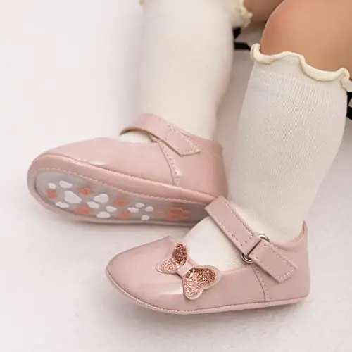 Bellocasa Baby Mary Jane Flats for Girls with Bowknot Cotton Anti Skid Sole Infant First Walker Princess Dress Crib Wedding Shoes - 2