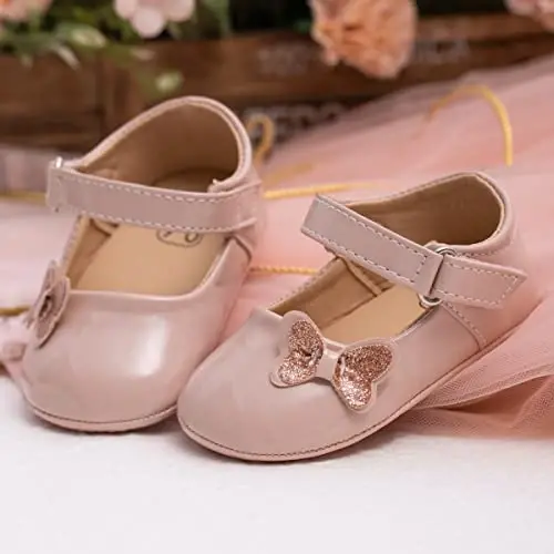 Bellocasa Baby Mary Jane Flats for Girls with Bowknot Cotton Anti Skid Sole Infant First Walker Princess Dress Crib Wedding Shoes - 3