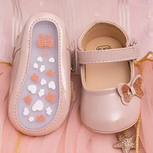 Bellocasa Baby Mary Jane Flats for Girls with Bowknot Cotton Anti Skid Sole Infant First Walker Princess Dress Crib Wedding Shoes - 4