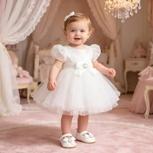 Bellocasa Baby Mary Jane Flats for Girls with Bowknot Cotton Anti Skid Sole Infant First Walker Princess Dress Crib Wedding Shoes - 2