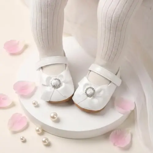 Bellocasa Baby Mary Jane Flats for Girls with Bowknot Cotton Anti Skid Sole Infant First Walker Princess Dress Crib Wedding Shoes - 3