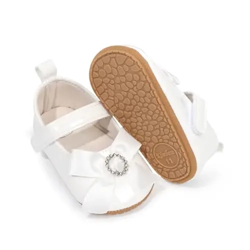 Bellocasa Baby Mary Jane Flats for Girls with Bowknot Cotton Anti Skid Sole Infant First Walker Princess Dress Crib Wedding Shoes - 6