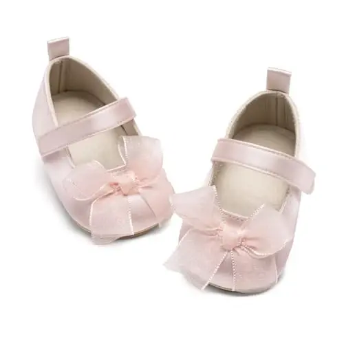 Bellocasa Baby Mary Jane Flats for Girls with Bowknot Cotton Anti Skid Sole Infant First Walker Princess Dress Crib Wedding Shoes - 1