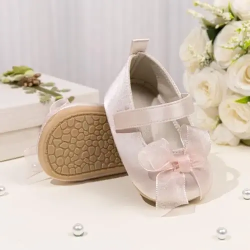 Bellocasa Baby Mary Jane Flats for Girls with Bowknot Cotton Anti Skid Sole Infant First Walker Princess Dress Crib Wedding Shoes - 5