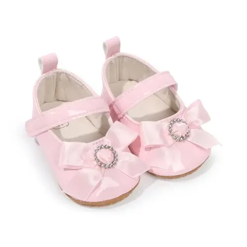 Bellocasa Baby Mary Jane Flats for Girls with Bowknot Cotton Anti Skid Sole Infant First Walker Princess Dress Crib Wedding Shoes - 1