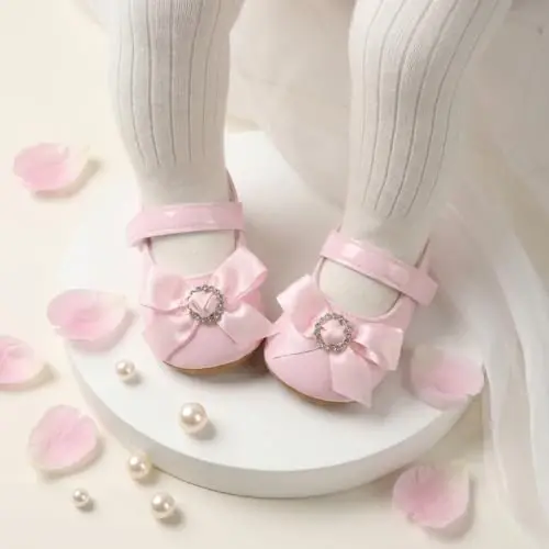 Bellocasa Baby Mary Jane Flats for Girls with Bowknot Cotton Anti Skid Sole Infant First Walker Princess Dress Crib Wedding Shoes - 3