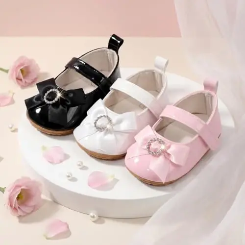 Bellocasa Baby Mary Jane Flats for Girls with Bowknot Cotton Anti Skid Sole Infant First Walker Princess Dress Crib Wedding Shoes - 4