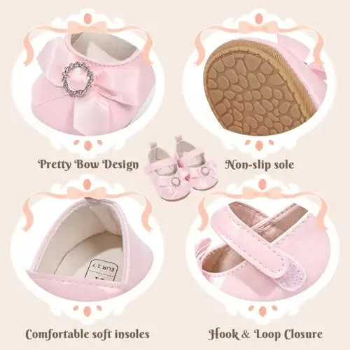 Bellocasa Baby Mary Jane Flats for Girls with Bowknot Cotton Anti Skid Sole Infant First Walker Princess Dress Crib Wedding Shoes - 5