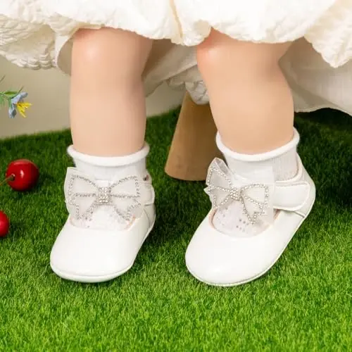 Bellocasa Baby Mary Jane Flats for Girls with Bowknot Cotton Anti Skid Sole Infant First Walker Princess Dress Crib Wedding Shoes - 3