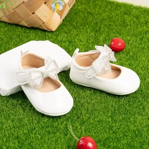Bellocasa Baby Mary Jane Flats for Girls with Bowknot Cotton Anti Skid Sole Infant First Walker Princess Dress Crib Wedding Shoes - 4