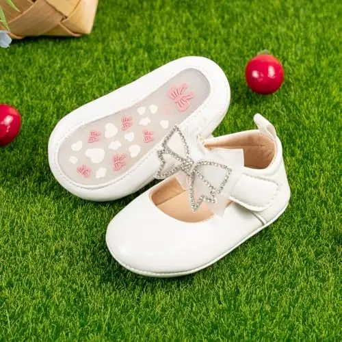 Bellocasa Baby Mary Jane Flats for Girls with Bowknot Cotton Anti Skid Sole Infant First Walker Princess Dress Crib Wedding Shoes - 5