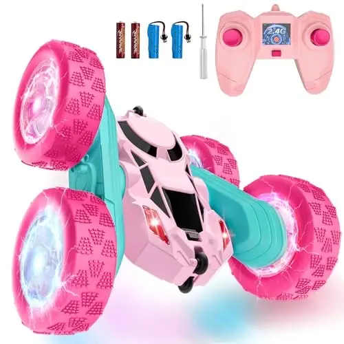 Hamdol Pink Remote Control Car for Girls, Double Sided with Shining Headlights & Wheel Lights, Girl Princess Toys, Rechargeable Toy Car for 6-7 6-8 9 10-12 Year Old Girls Birthday, Valentines Gift 