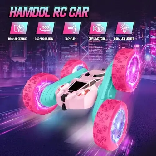 Hamdol Pink Remote Control Car for Girls, Double Sided with Shining Headlights & Wheel Lights, Girl Princess Toys, Rechargeable Toy Car for 6-7 6-8 9 10-12 Year Old Girls Birthday, Valentines Gift - 2