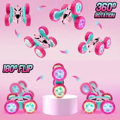 Hamdol Pink Remote Control Car for Girls, Double Sided with Shining Headlights & Wheel Lights, Girl Princess Toys, Rechargeable Toy Car for 6-7 6-8 9 10-12 Year Old Girls Birthday, Valentines Gift - 5