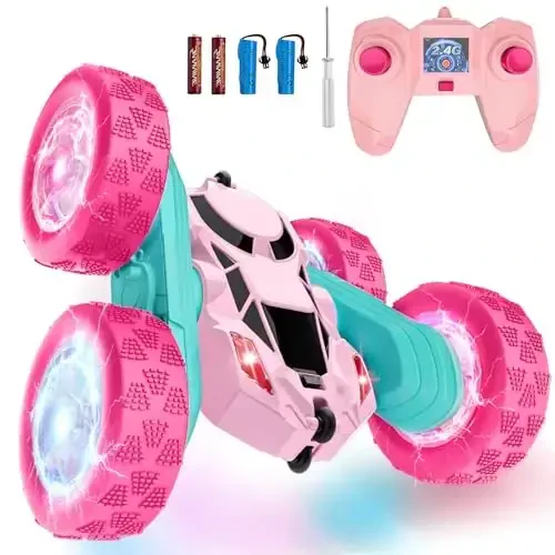 Hamdol Pink Remote Control Car for Girls, Double Sided with Shining Headlights & Wheel Lights, Girl Princess Toys, Rechargeable Toy Car for 6-7 6-8 9 10-12 Year Old Girls Birthday - 1