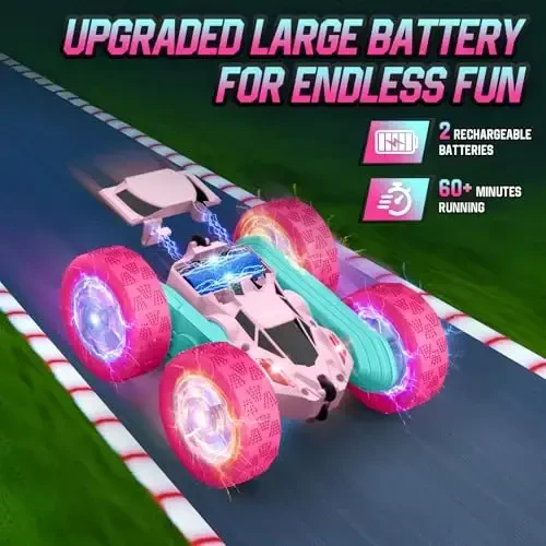 Hamdol Pink Remote Control Car for Girls, Double Sided with Shining Headlights & Wheel Lights, Girl Princess Toys, Rechargeable Toy Car for 6-7 6-8 9 10-12 Year Old Girls Birthday - 3