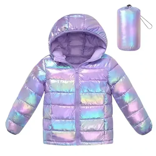 Lovekider Hooded Puffer Jacket for Girls 4-12T Packable Down-Alternative Warm Coat Shiny Outerwear for Kids Winter - 1