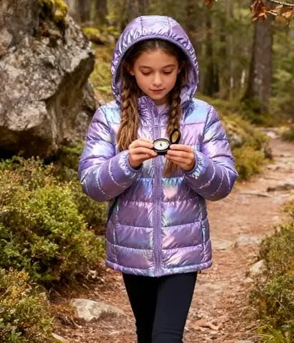 Lovekider Hooded Puffer Jacket for Girls 4-12T Packable Down-Alternative Warm Coat Shiny Outerwear for Kids Winter - 4
