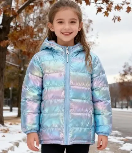 Lovekider Hooded Puffer Jacket for Girls 4-12T Packable Down-Alternative Warm Coat Shiny Outerwear for Kids Winter - LOVEKIDER