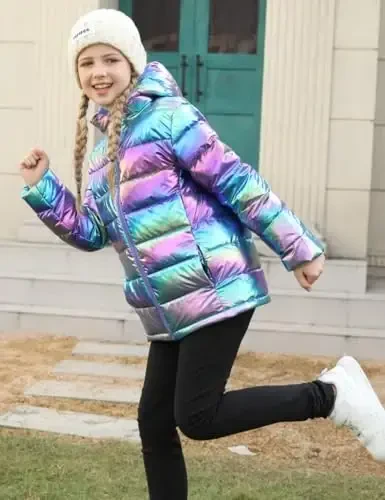 Lovekider Hooded Puffer Jacket for Girls 4-12T Packable Down-Alternative Warm Coat Shiny Outerwear for Kids Winter - 2