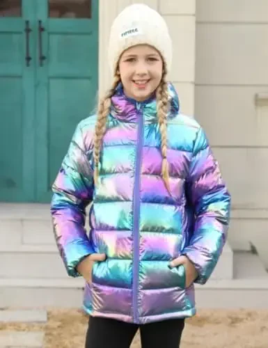 Lovekider Hooded Puffer Jacket for Girls 4-12T Packable Down-Alternative Warm Coat Shiny Outerwear for Kids Winter - 3