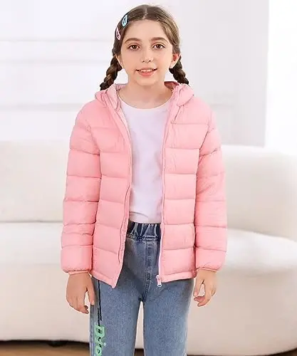 Lovekider Hooded Puffer Jacket for Girls 4-12T Packable Down-Alternative Warm Coat Shiny Outerwear for Kids Winter - LOVEKIDER