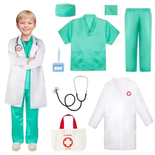 Meland Doctor Costume for Girls - Kids Scrubs with Lab Coat & Carry Bag, Doctor Dress Up for Halloween, Career Day Role Play - MELAND