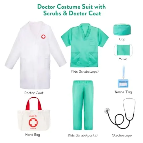 Meland Doctor Costume for Girls - Kids Scrubs with Lab Coat & Carry Bag, Doctor Dress Up for Halloween, Career Day Role Play - 2