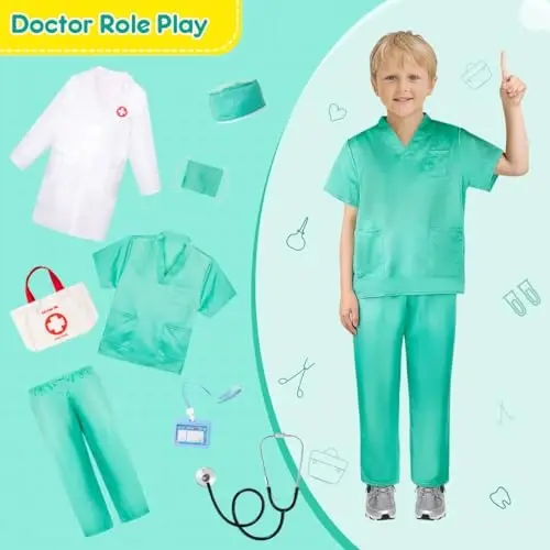 Meland Doctor Costume for Girls - Kids Scrubs with Lab Coat & Carry Bag, Doctor Dress Up for Halloween, Career Day Role Play - 6