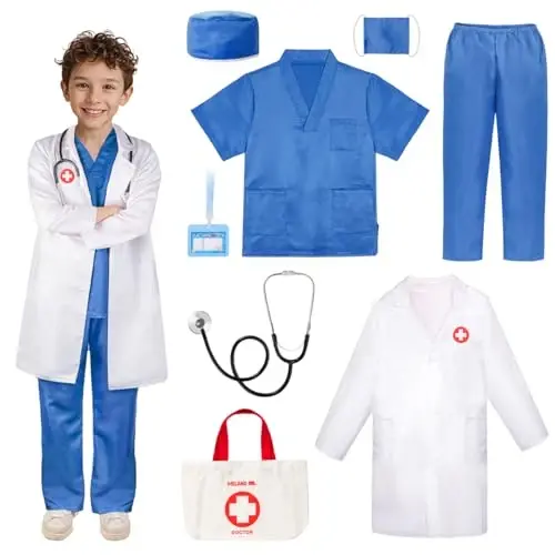Meland Doctor Costume for Girls - Kids Scrubs with Lab Coat & Carry Bag, Doctor Dress Up for Halloween, Career Day Role Play 