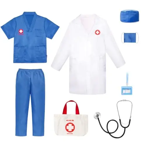 Meland Doctor Costume for Girls - Kids Scrubs with Lab Coat & Carry Bag, Doctor Dress Up for Halloween, Career Day Role Play 