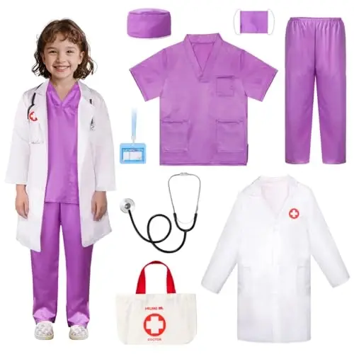 Meland Doctor Costume for Girls - Kids Scrubs with Lab Coat & Carry Bag, Doctor Dress Up for Halloween, Career Day Role Play 