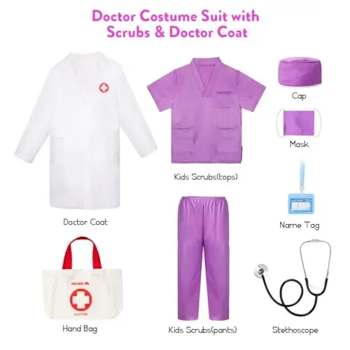 Meland Doctor Costume for Girls - Kids Scrubs with Lab Coat & Carry Bag, Doctor Dress Up for Halloween, Career Day Role Play - 3