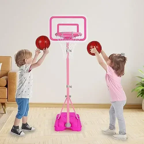 Toddler Basketball Hoop for Girls Pink Basketball Goals Adjustable Height 2.9ft-6.2ft Portable Kids Basketball Hoop Indoor Outdoor Play Outside Backyard Toys for 3 4 5 6 Year Old Girl Birthday Gift - 2