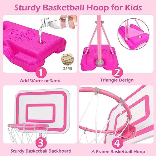Toddler Basketball Hoop for Girls Pink Basketball Goals Adjustable Height 2.9ft-6.2ft Kids Basketball Hoop Indoor Outdoor Play Outside Backyard Toys for 3 4 5 6 Year Old Girl Birthday Gifts - 5