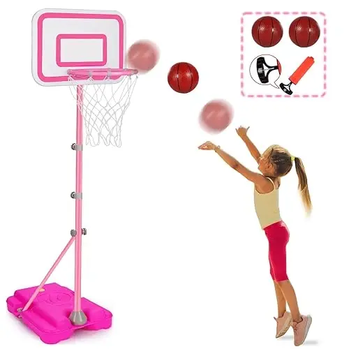 Tsomtto Toddler Basketball Hoop for Girls Pink Goals Adjustable Height 2.9ft-6.2ft Portable Kids Indoor Outdoor Play Outside Backyard Toys 3 4 5 6 Year Old Girl Birthday Gift 