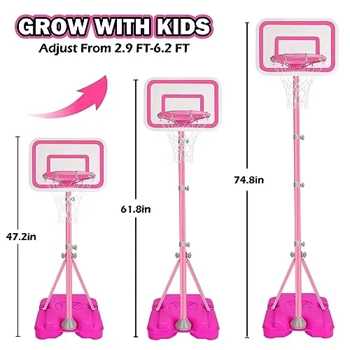 Tsomtto Toddler Basketball Hoop for Girls Pink Goals Adjustable Height 2.9ft-6.2ft Portable Kids Indoor Outdoor Play Outside Backyard Toys 3 4 5 6 Year Old Girl Birthday Gift - 3