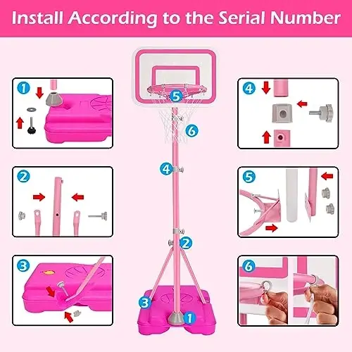 Tsomtto Toddler Basketball Hoop for Girls Pink Goals Adjustable Height 2.9ft-6.2ft Portable Kids Indoor Outdoor Play Outside Backyard Toys 3 4 5 6 Year Old Girl Birthday Gift - 6