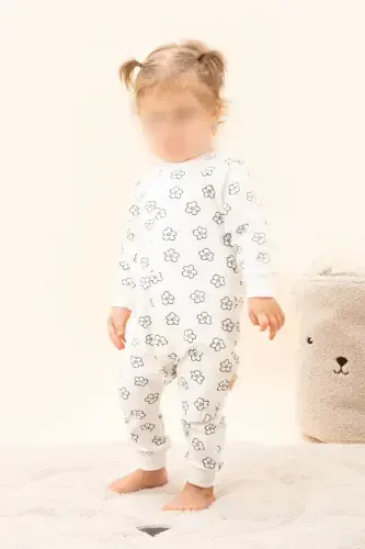 Kız Erkek Baskılı Bebek Çocuk Tulum Mevsimlik Uzun Kollu Lastikli Tulum-Çiçekli 2 - VAUVA (1)