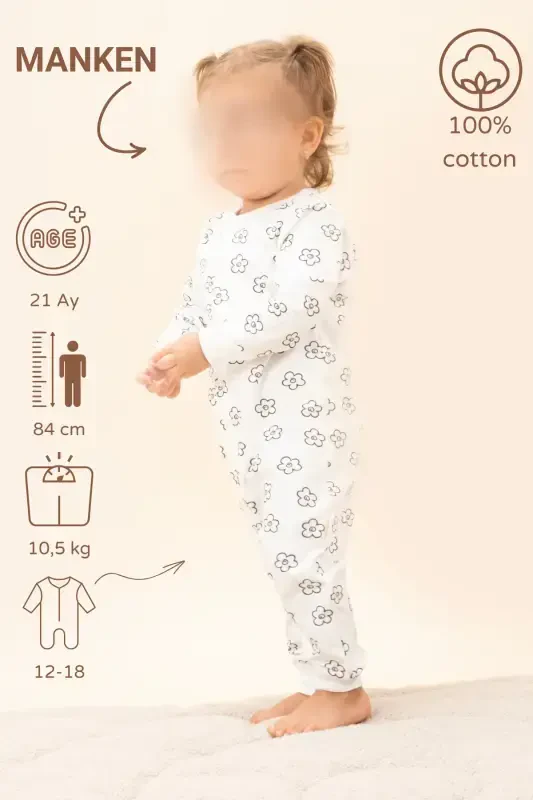 Kız Erkek Baskılı Bebek Çocuk Tulum Mevsimlik Uzun Kollu Lastikli Tulum-Çiçekli 2 - 6