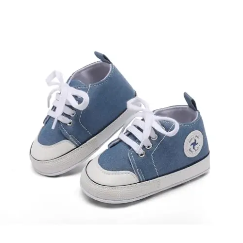Baby Girls Boys Shoes Soft Anti-Slip Sole Newborn First Walkers High Top Canvas Denim Unisex Infant Sneaker - 4
