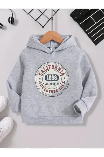 Kız-erkek Çocuk Colıfornıa 1898 Baskılı Gri Kapşonlu Sweatshirt ( Yeni Sezon ) - 5 - 1