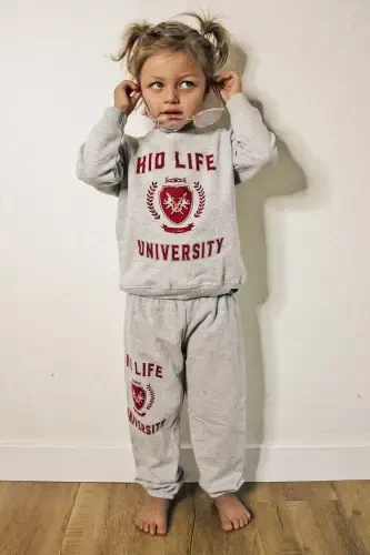 Kız-Erkek Çocuk Gri Bisiklet Yaka Kid Life Universıty Baskılı Sweatshirt-Eşofman Takım-1gri1 - 3