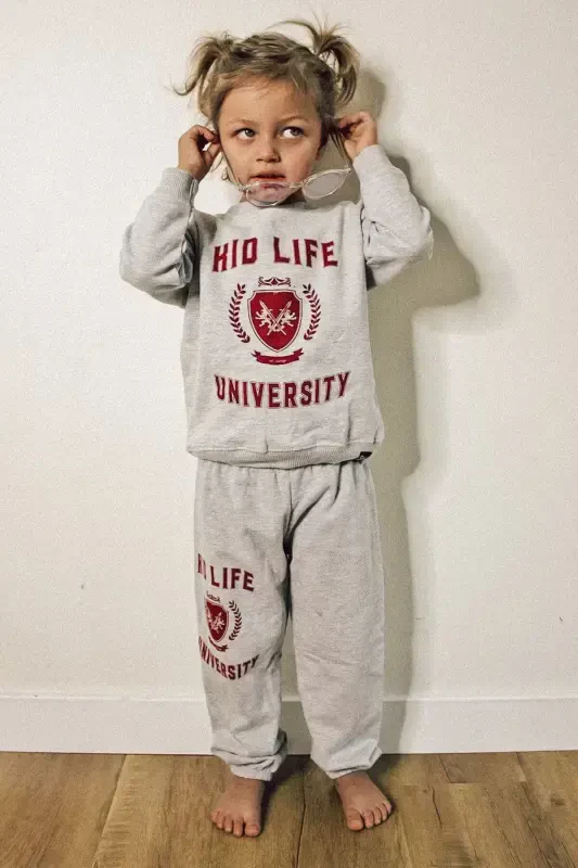 Kız-Erkek Çocuk Gri Bisiklet Yaka Kid Life Universıty Baskılı Sweatshirt-Eşofman Takım-1gri1 - 3